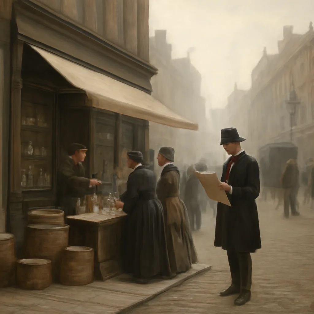 Victorian street scene with a medical vendor advertising patent medicines at a shopfront while crowds and a carriage pass, mid-19th century London atmosphere.