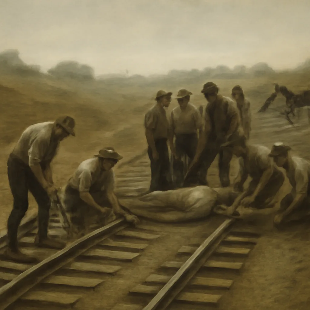 19th-century railroad construction site with workers, wooden ties, iron rails and spikes; a stretcher or gathered men near a fallen worker—no identifiable faces.