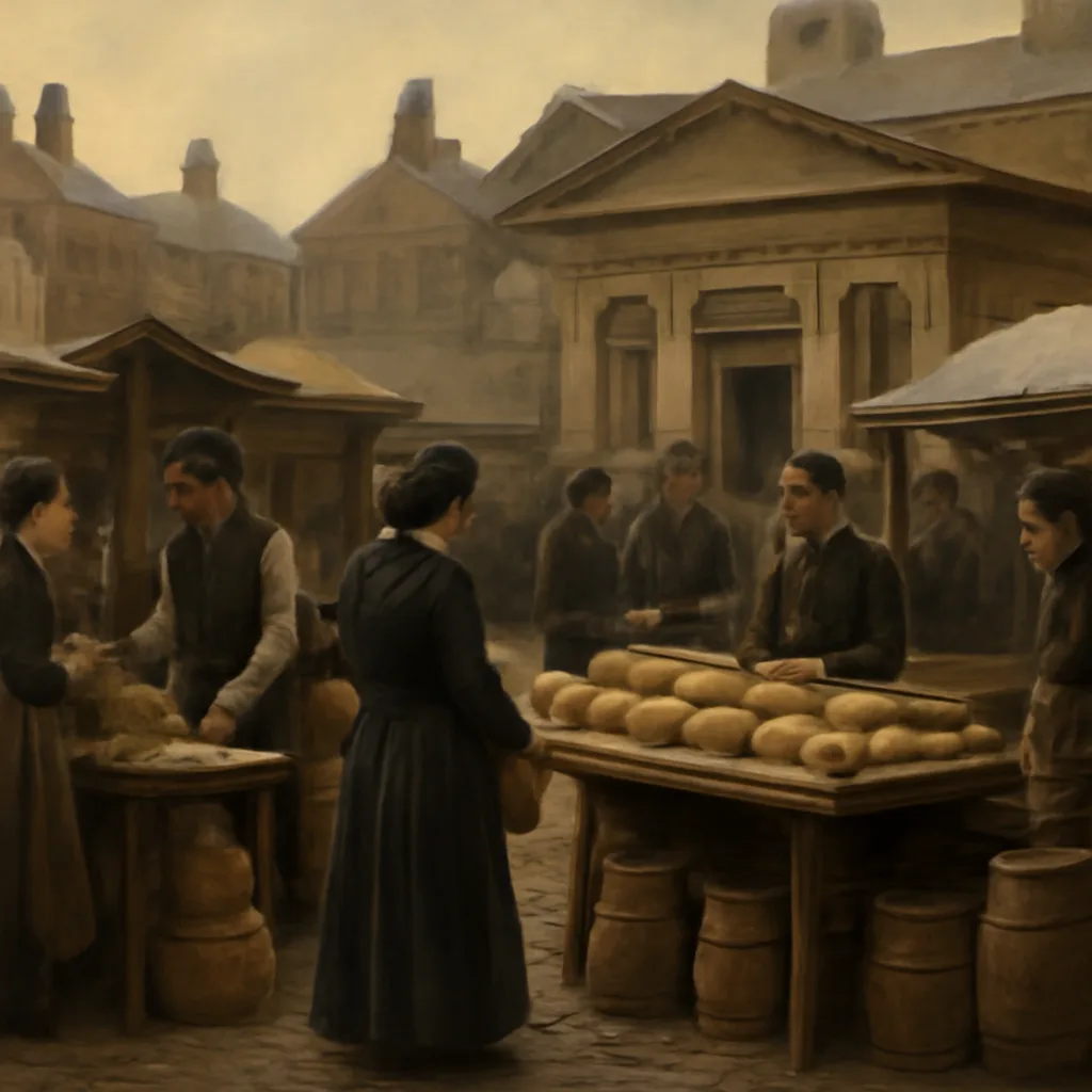 Late 19th‑century market scene showing a busy urban food stall with sacks of grain, loaves of bread, and dairy churns; vendors and customers in period clothing, with a placard indicating a public analyst’s office nearby.