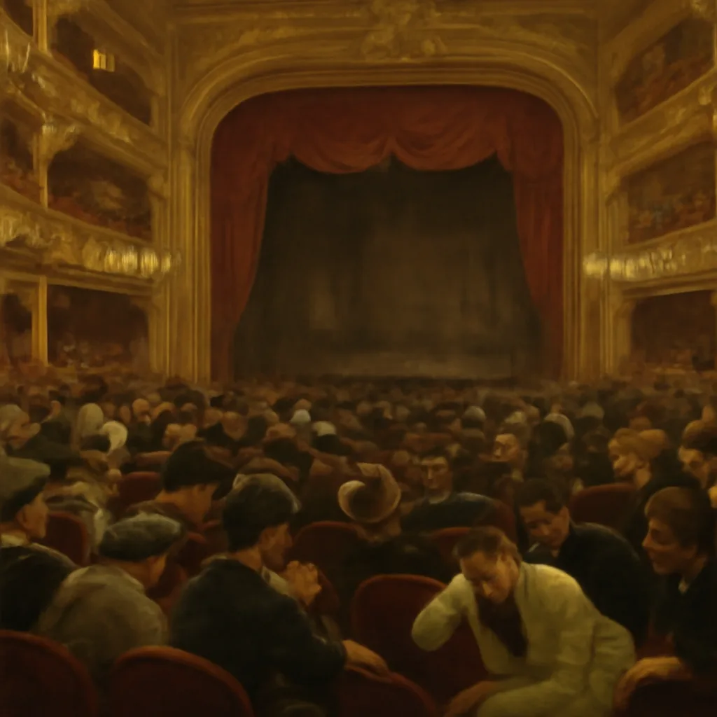 Late-19th-century Paris theater interior with audience members in period dress reacting in alarm; gas lighting, balconies, and stage curtain visible.