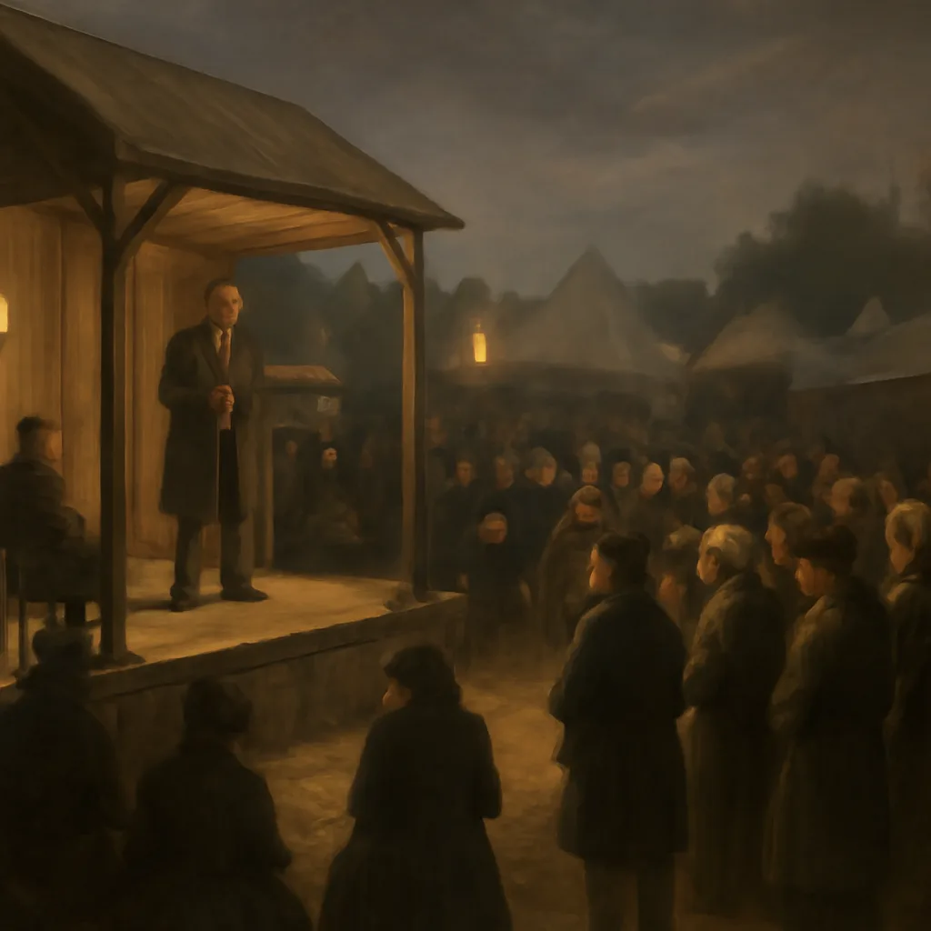 Late 19th-century fairground stage with a crowd gathered around a performer demonstrating mesmerism; men in frock coats and women in long skirts watch from the dirt-packed square.