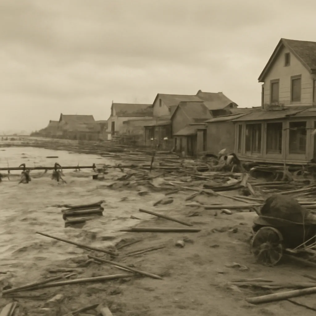 Wide view of early 20th-century Galveston shoreline with debris-strewn streets, damaged wooden buildings and partially destroyed piers after a major storm.