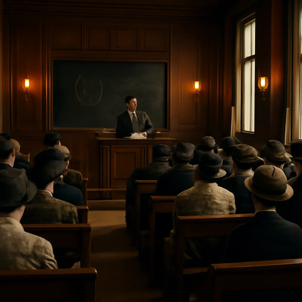 Early 20th-century lecture hall in Cambridge with seated audience and a lectern, papers and bound journals on a table, gas or early electric lighting and period dress.
