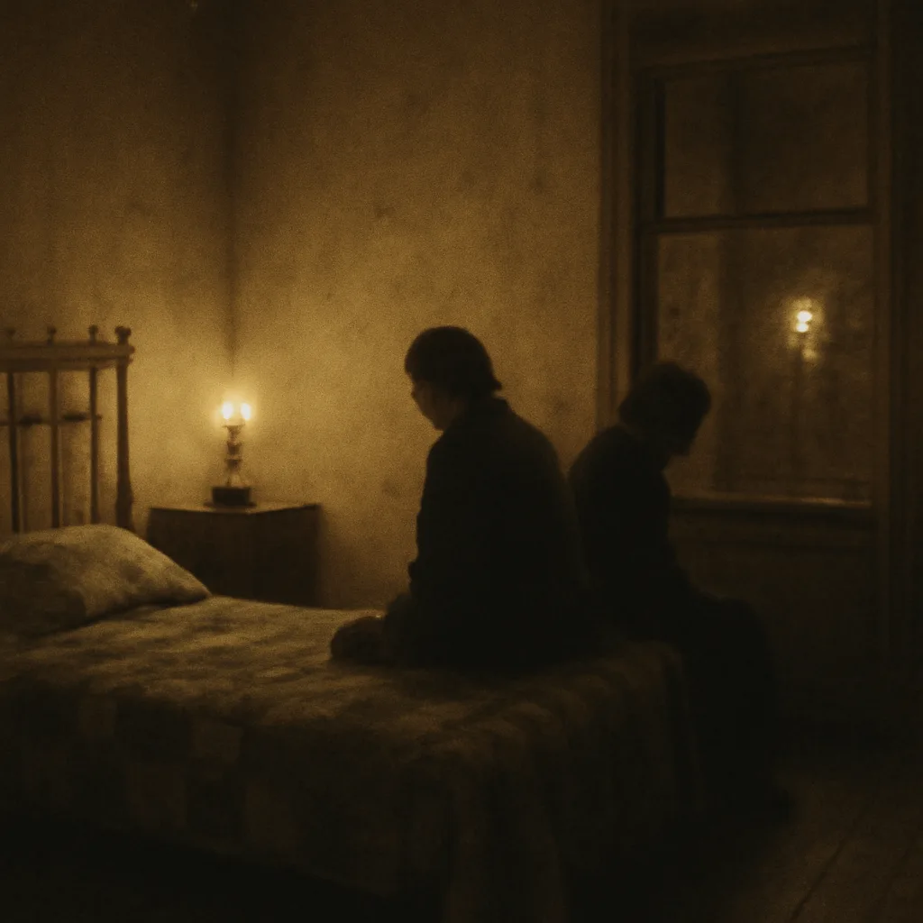 Early 20th-century Boston boardinghouse interior at night, gaslight glow on bed and bureau, two occupants seated tensely, implied sleeplessness and anxiety.
