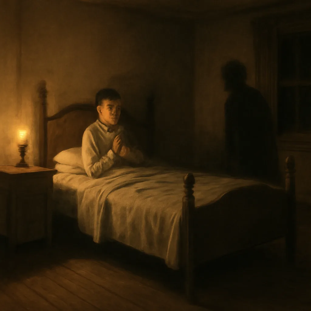 Early 20th-century bedroom interior with a gas lamp, simple wooden bed, and a person lying awake while another figure sits at the bedside; scene suggests nighttime unease without depicting identifiable faces.