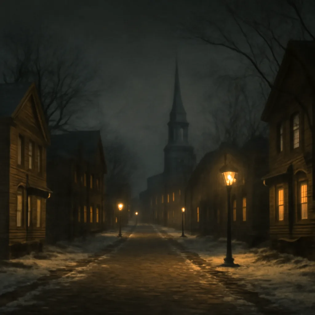 Early 20th-century New England town street at night with gas lamps and wooden buildings; a few dim-lit windows suggest domestic interiors where people might be sleeping.