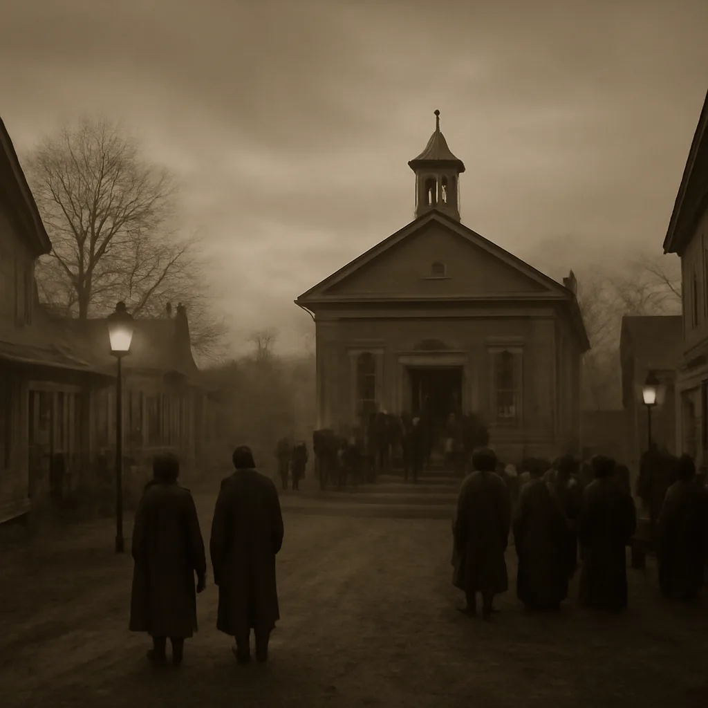 Early 20th-century New England street at dusk with gas lamps, wooden houses, and people gathered outside a modest town hall; scene implies communal concern without showing identifiable faces.