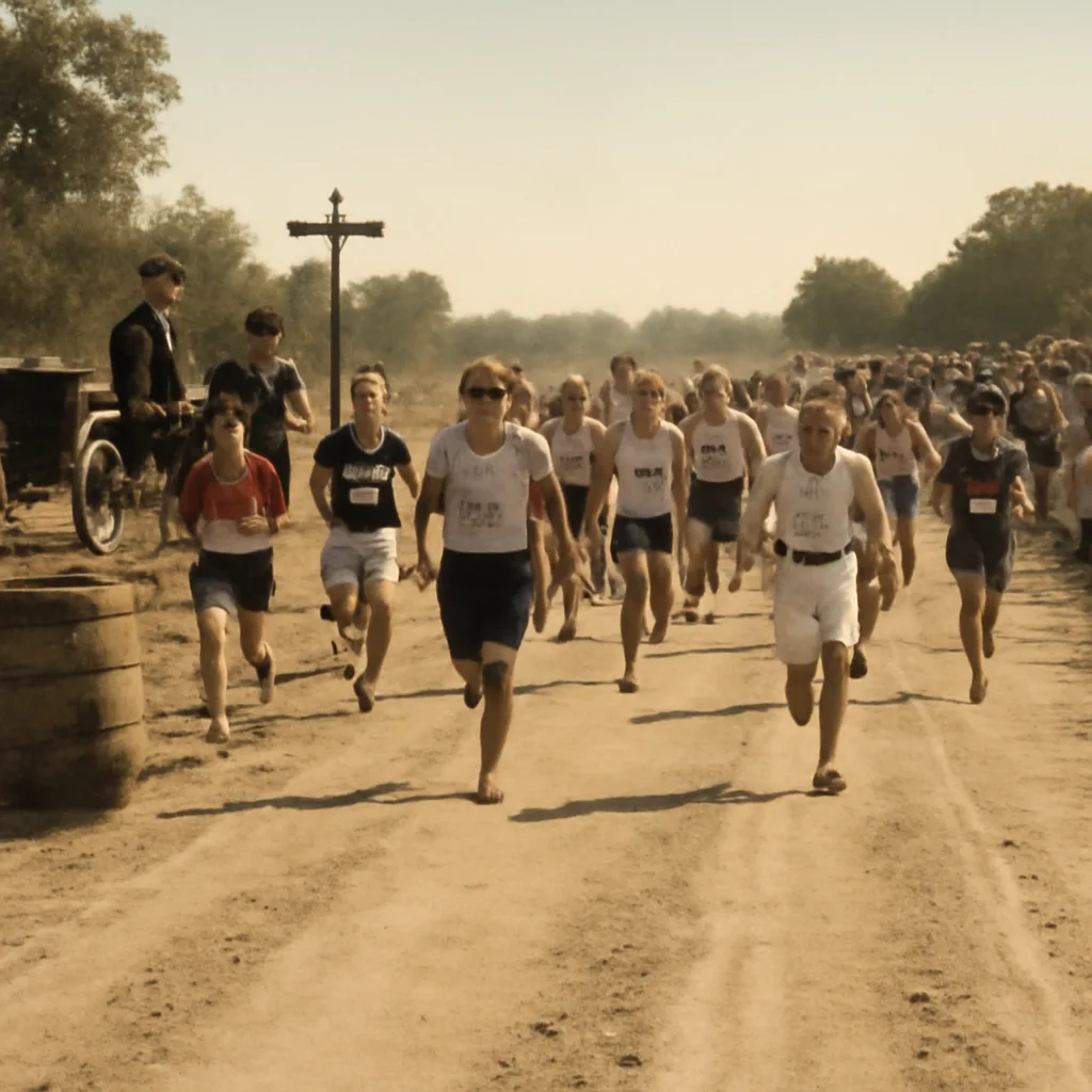 Early 20th-century marathon runners on a dusty unpaved road in St. Louis, with officials and horse-drawn vehicles at the roadside; crowd in period dress watches from a distance.