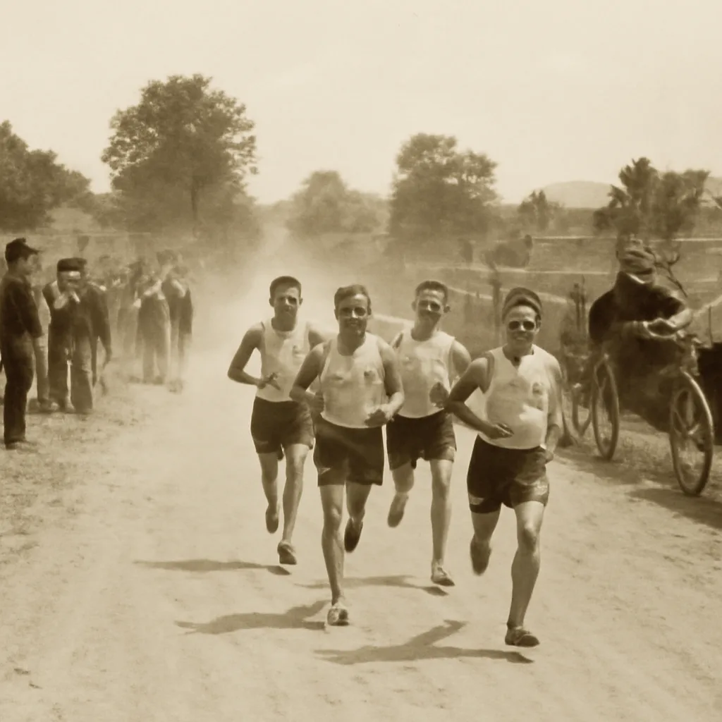 Early 20th-century marathon scene on a dusty country road with runners, horse-drawn vehicles, sparse spectators, and a few officials in period clothing; heat-hazed landscape.