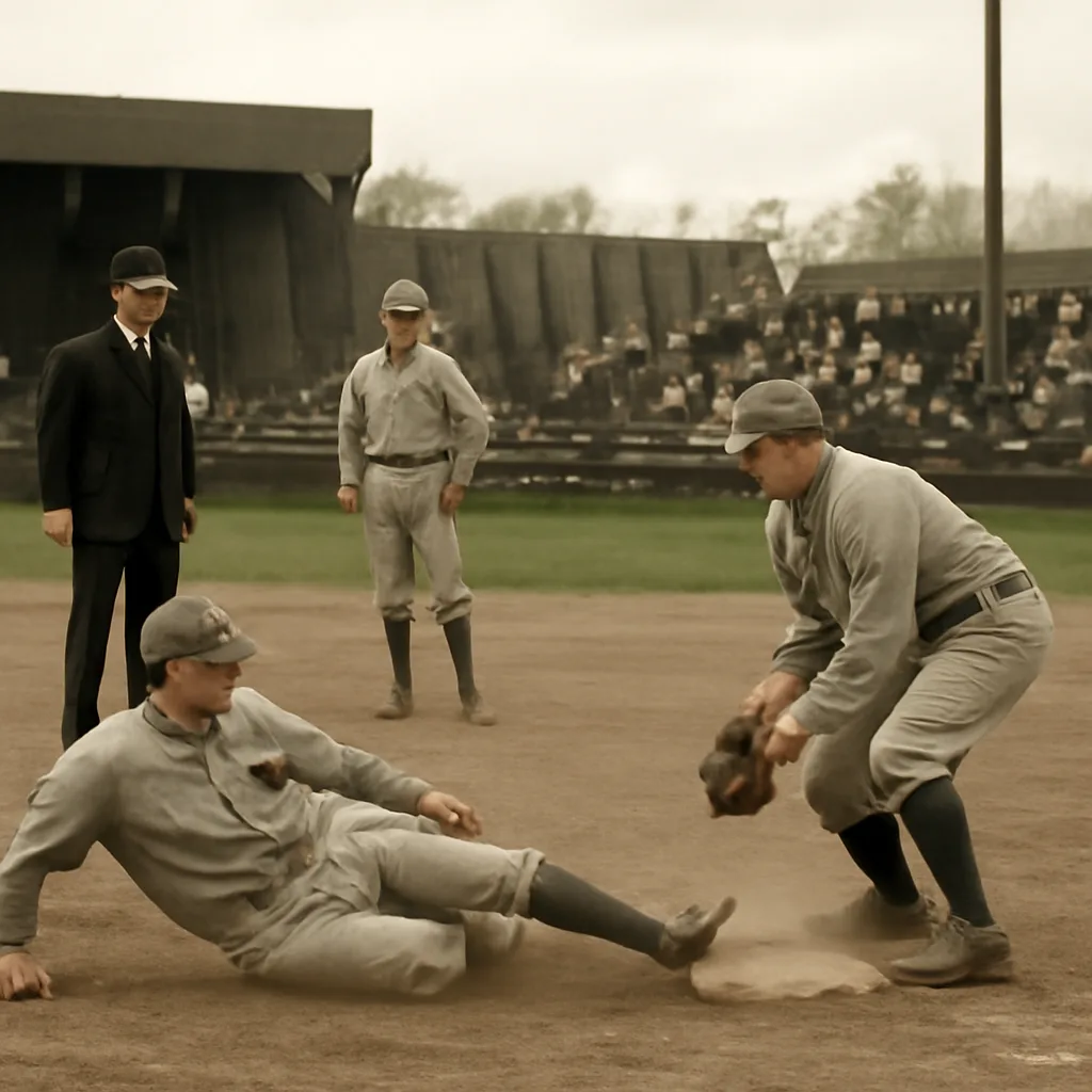 Early 20th-century baseball infield with two players at a base, one sliding toward the base and the other standing over it wearing leather-capped cleats; dirt infield, period uniforms, and a small crowd in the background.