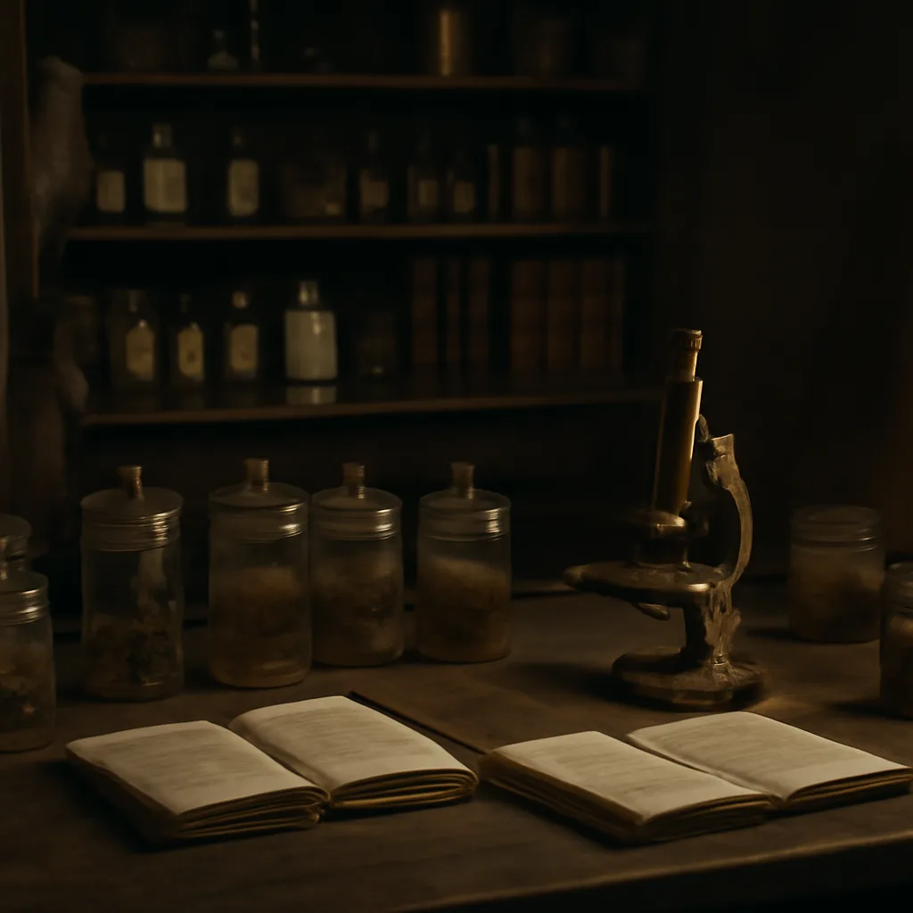 Early 20th-century laboratory table with glass specimen jars, microscopes, and scattered field notes under gaslight; no identifiable faces.