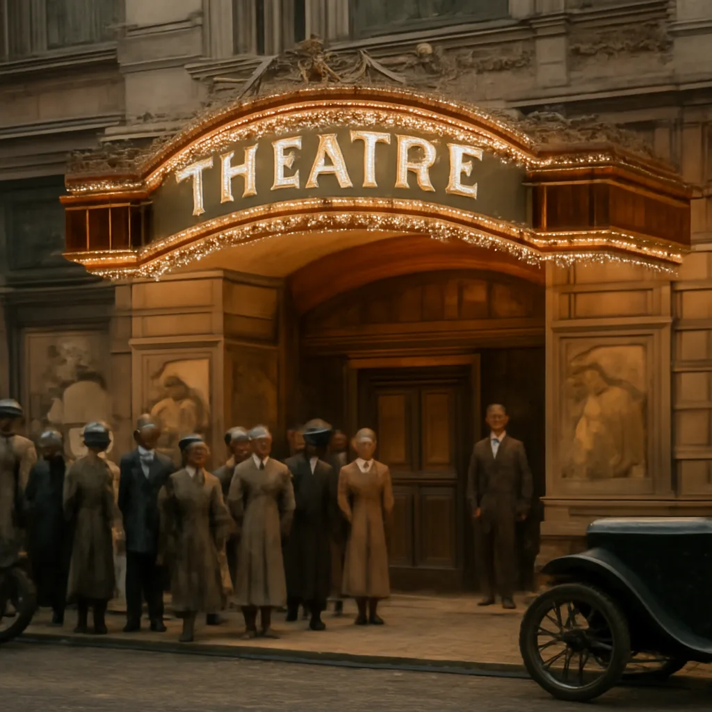 Early 20th-century movie theater lobby with posters, a ticket booth, and patrons in period dress, reflecting the era of local film censorship enforcement.