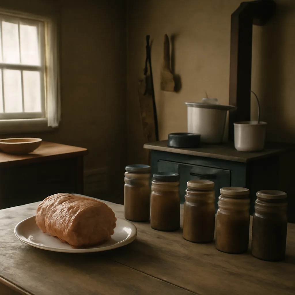 Early 20th-century kitchen scene with glass canning jars and a boiled ham on a table, simple wood stove and period utensils, showing a home food-preservation setting typical of 1910s America.