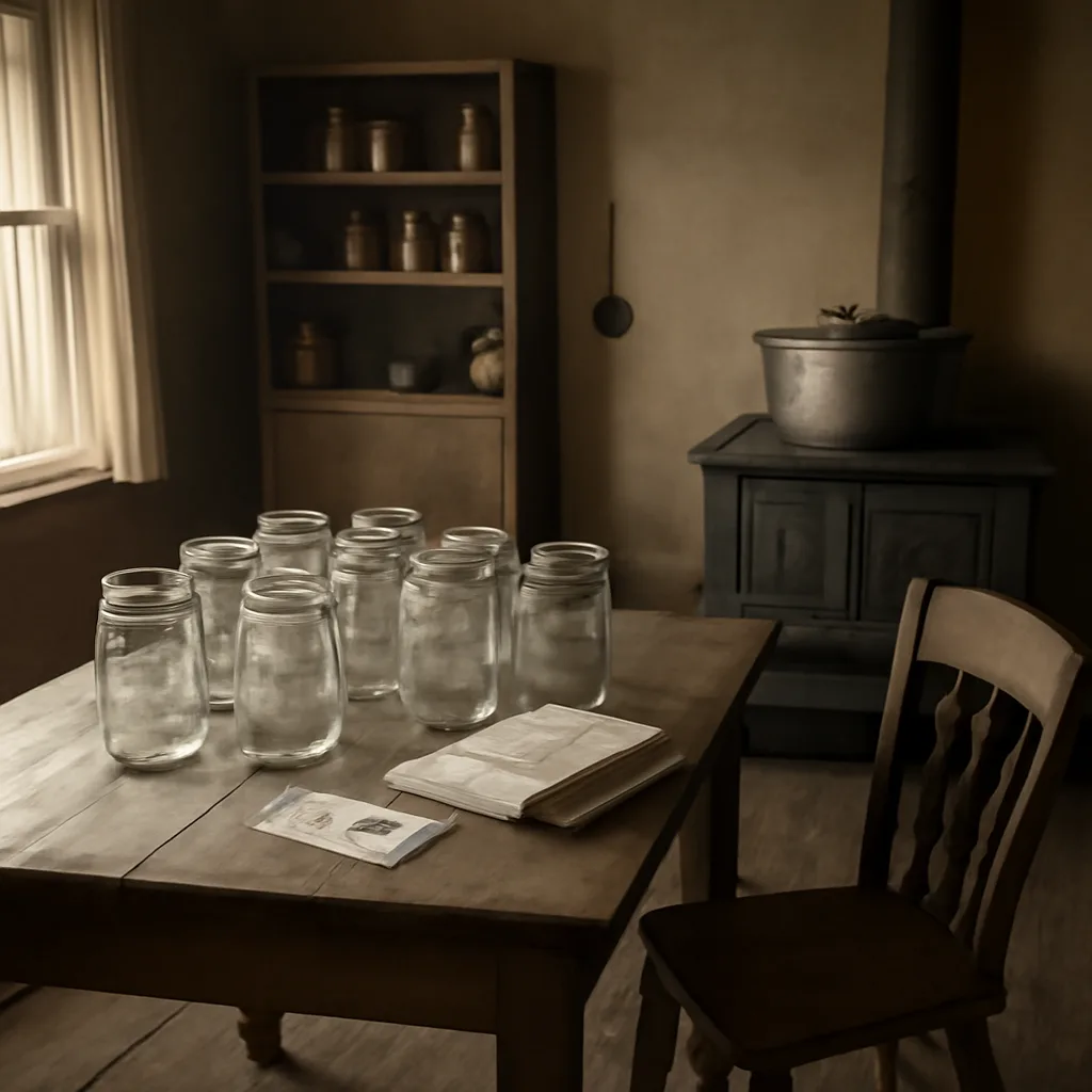 Early 20th-century kitchen with home-canning equipment—mason jars, canning pots, and a wooden table—set in a simple domestic interior typical of 1910s United States.