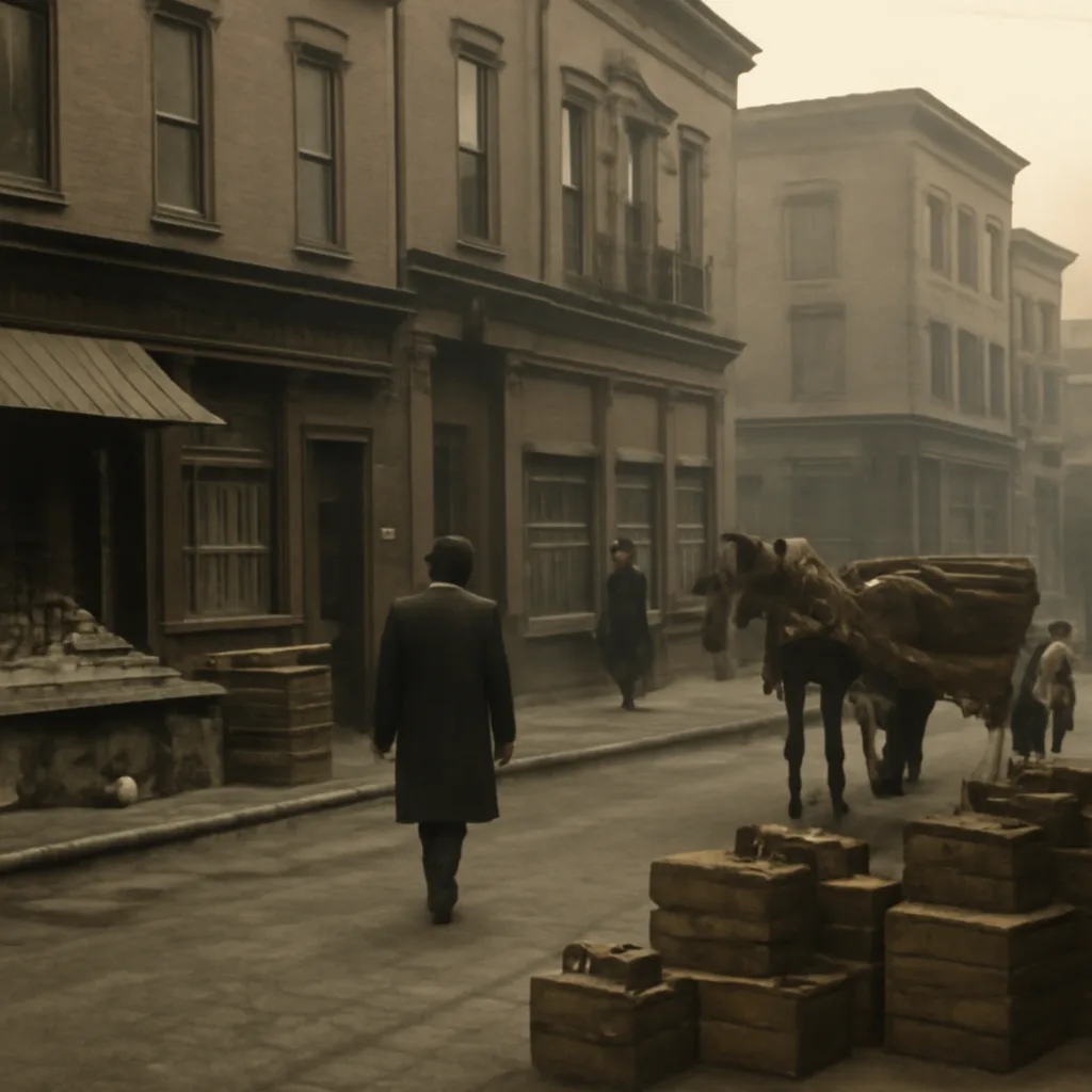 A 1920s city scene showing a modest liquor shop and a market street with bundled pedestrians; period clothing and signage appropriate to the era; no identifiable faces.