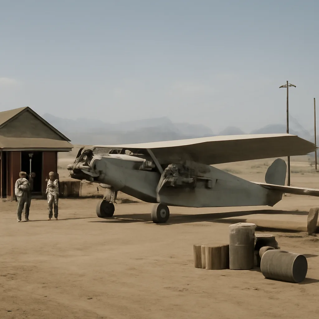 A 1930s Ford Tri-Motor parked on a dirt airfield in Peru with small ground crew and a simple wooden terminal building in the background, showing period clothing and props consistent with early commercial aviation.