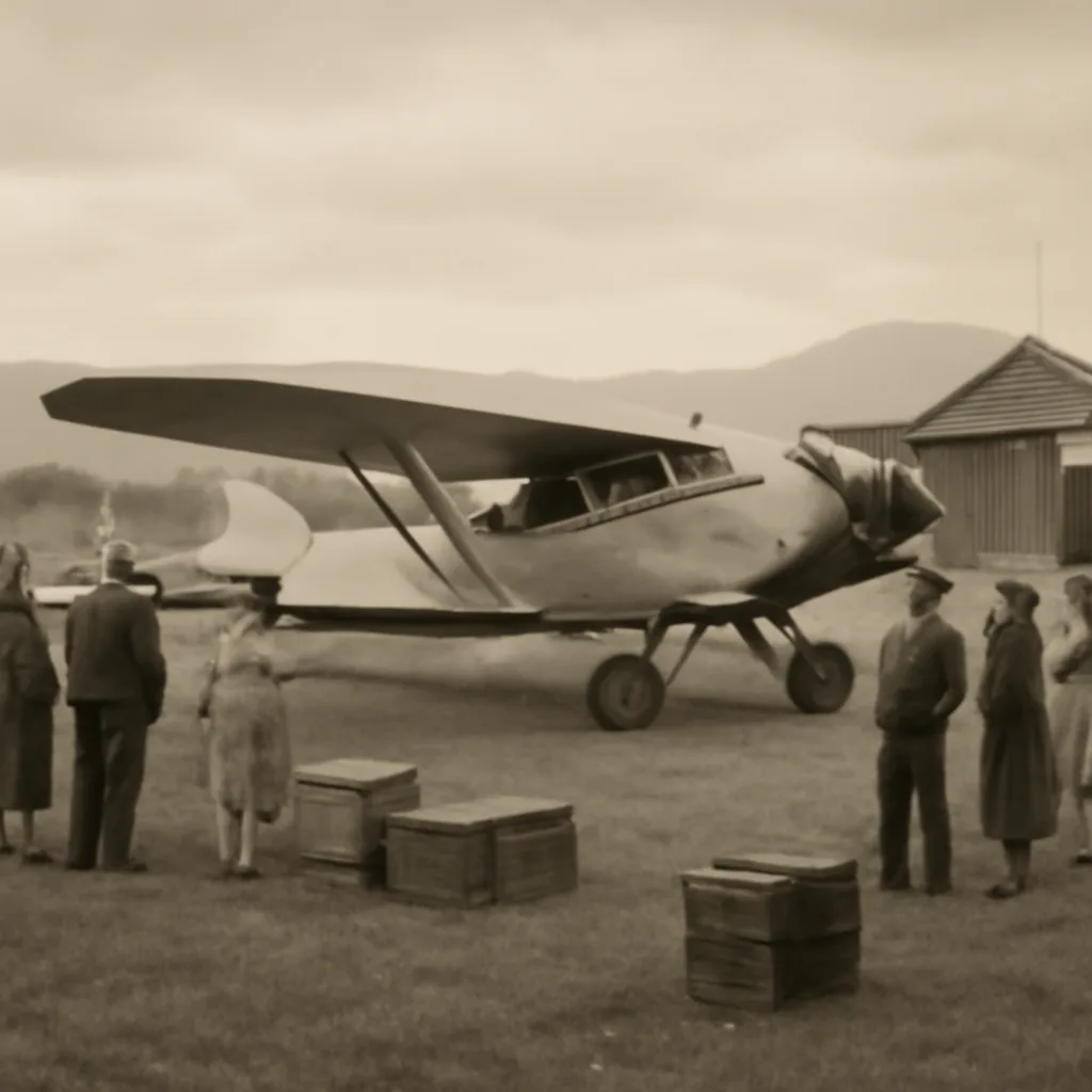Black-and-white scene of a 1930s small passenger biplane on a Peruvian grass airfield with uniformed ground crew and a few passengers nearby, period clothing and props, no identifiable faces.