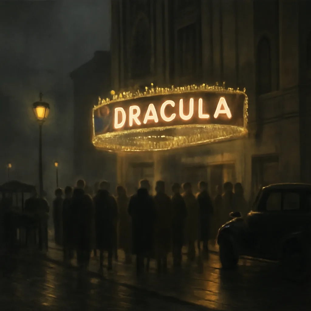 Black-and-white cinema auditorium exterior at night in the early 1930s with patrons queueing; a marquee reading ‘Dracula’ (no faces in close-up).