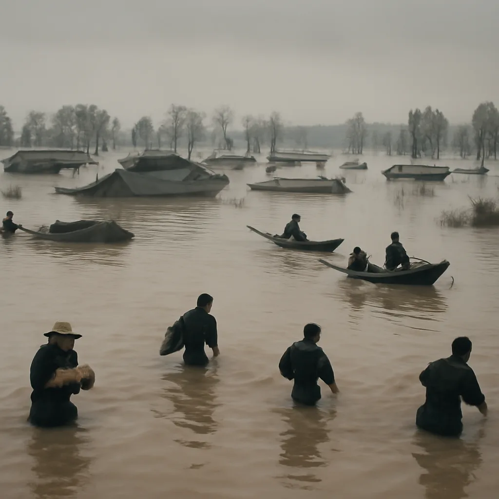 Wide view of flooded agricultural plain in the Yangtze basin in 1931: waterlogged fields, partially submerged buildings and trees, and boats used for transport and rescue amid overcast skies.