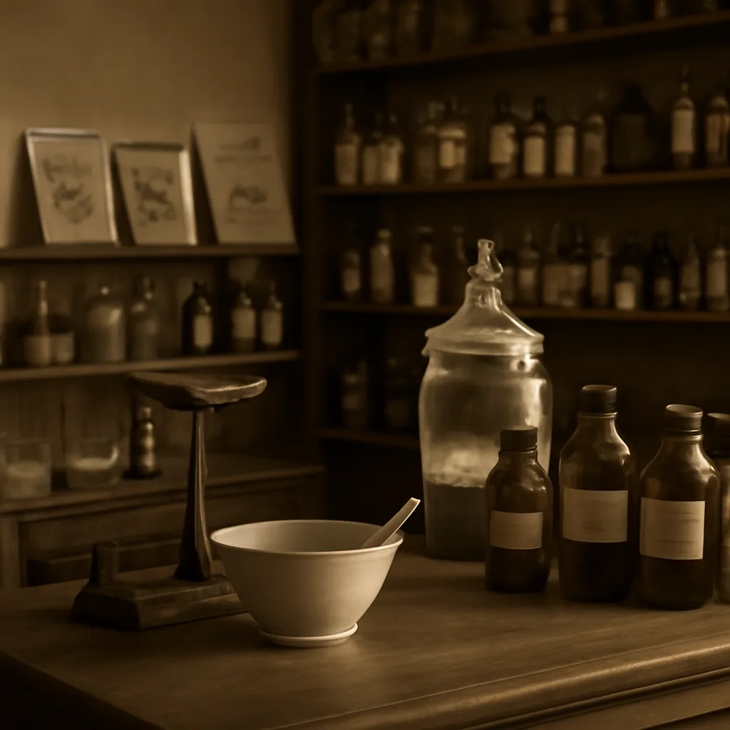 A 1930s pharmacy counter with glass apothecary jars, early drug bottles and paper advertisements for remedies, viewed in a dim, historical interior.