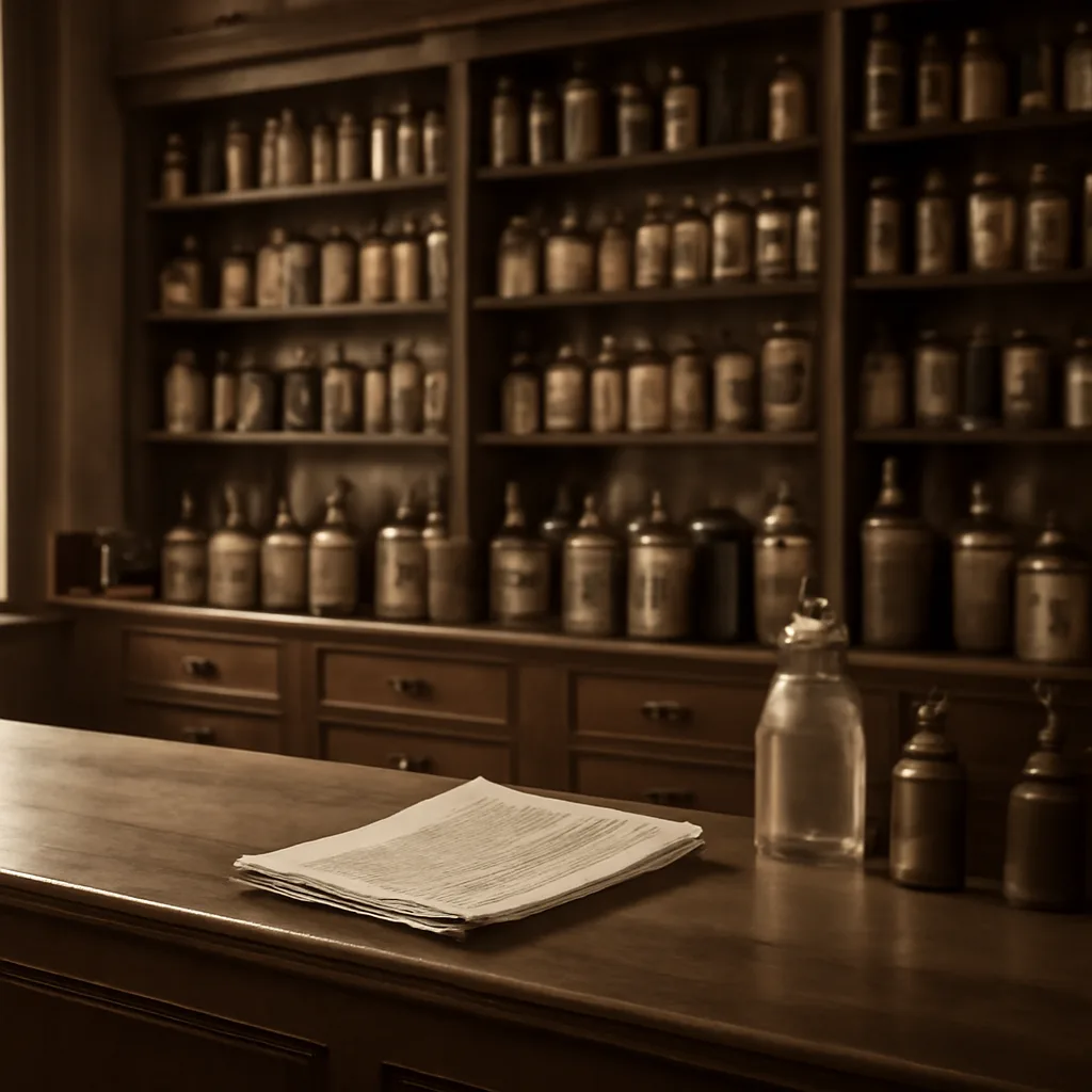 A 1930s pharmacy counter with labeled patent medicine bottles and a newspaper dated February 1933 reporting a health warning; glass bottles, paper labels, and period shelving visible.