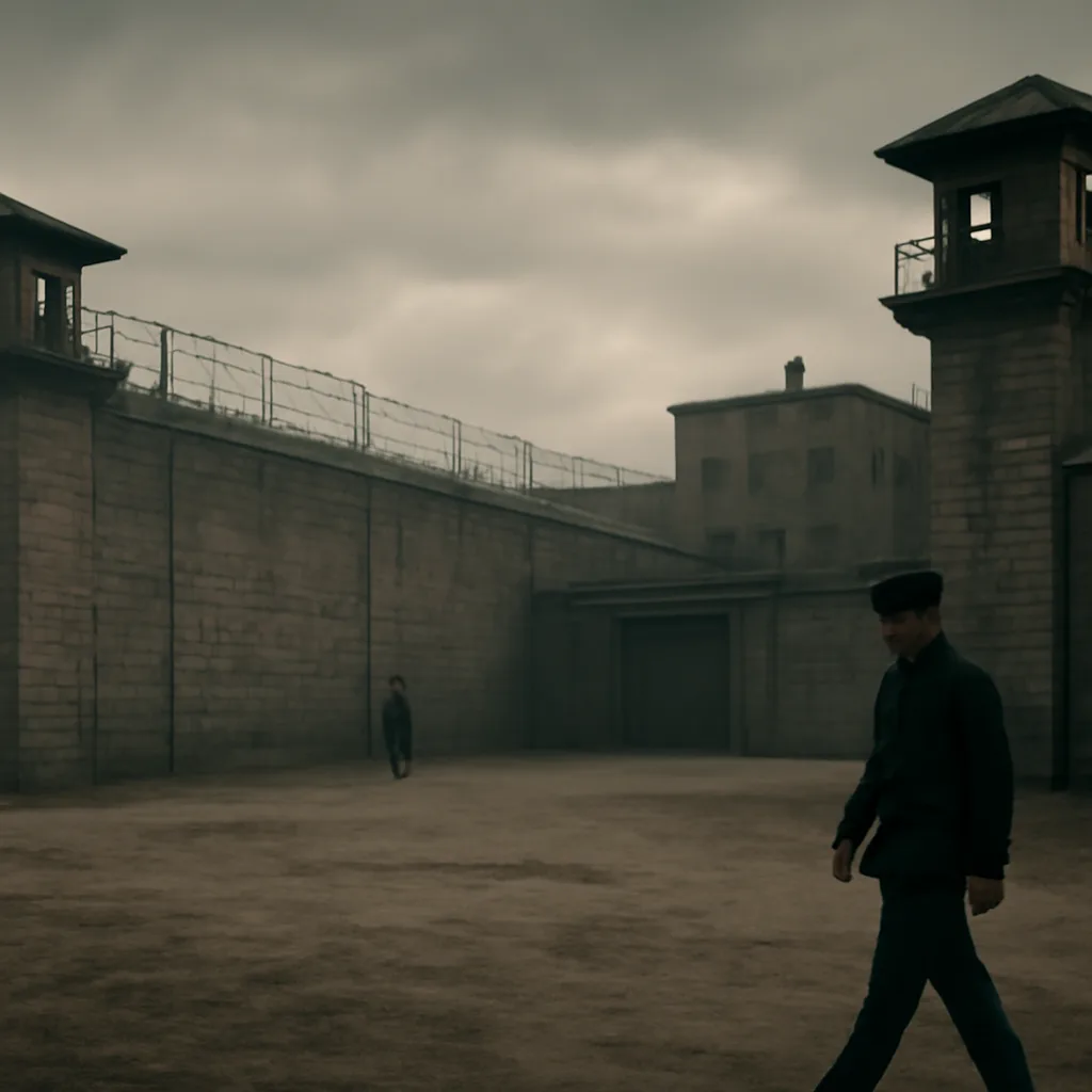 Exterior view of a 1930s federal penitentiary: stone prison walls, barbed wire-topped fences, guard towers and a bleak courtyard under overcast sky.