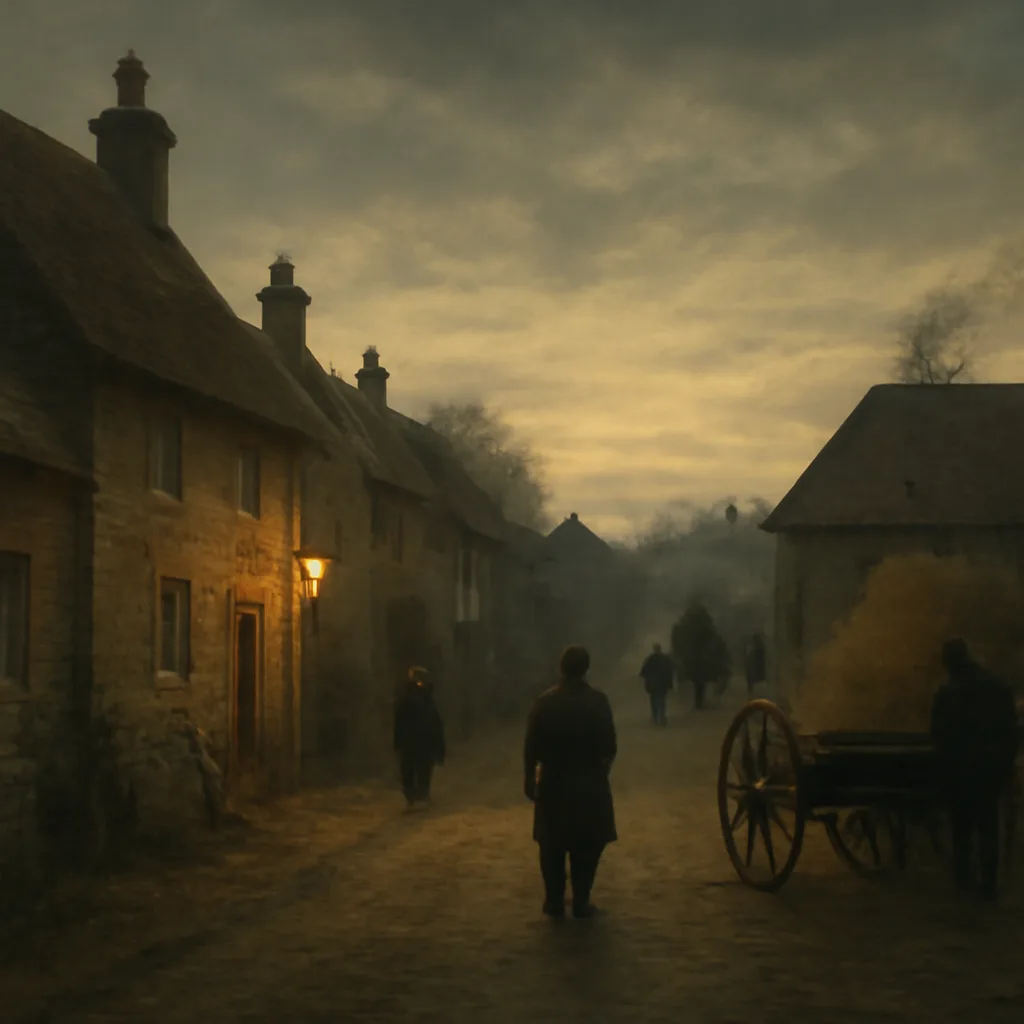 A 1930s rural English village street at dusk showing cottages with thatched or tiled roofs, a horse trough, and stacked hay in a yard; smoke rising faintly from a barn in the distance.