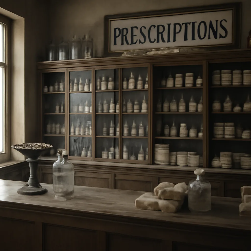1940s-era pharmacy counter with glass medicine bottles, paper labels, and pharmacists' tools in a modest shop interior reflecting postwar supplies and packaging.