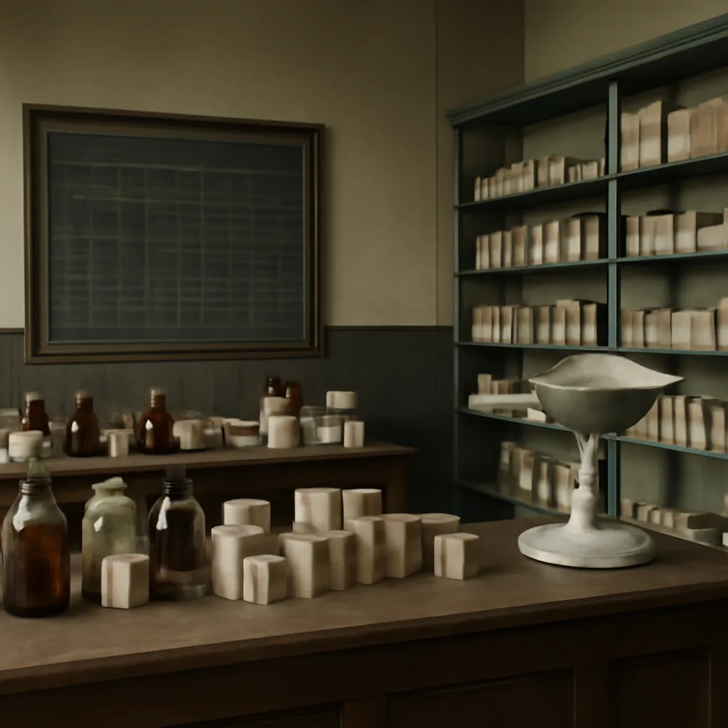 A 1940s pharmacy counter with glass medicine bottles, boxed pharmaceuticals, and early regulatory notices on the wall, suggesting postwar-era drug supply and retailing.