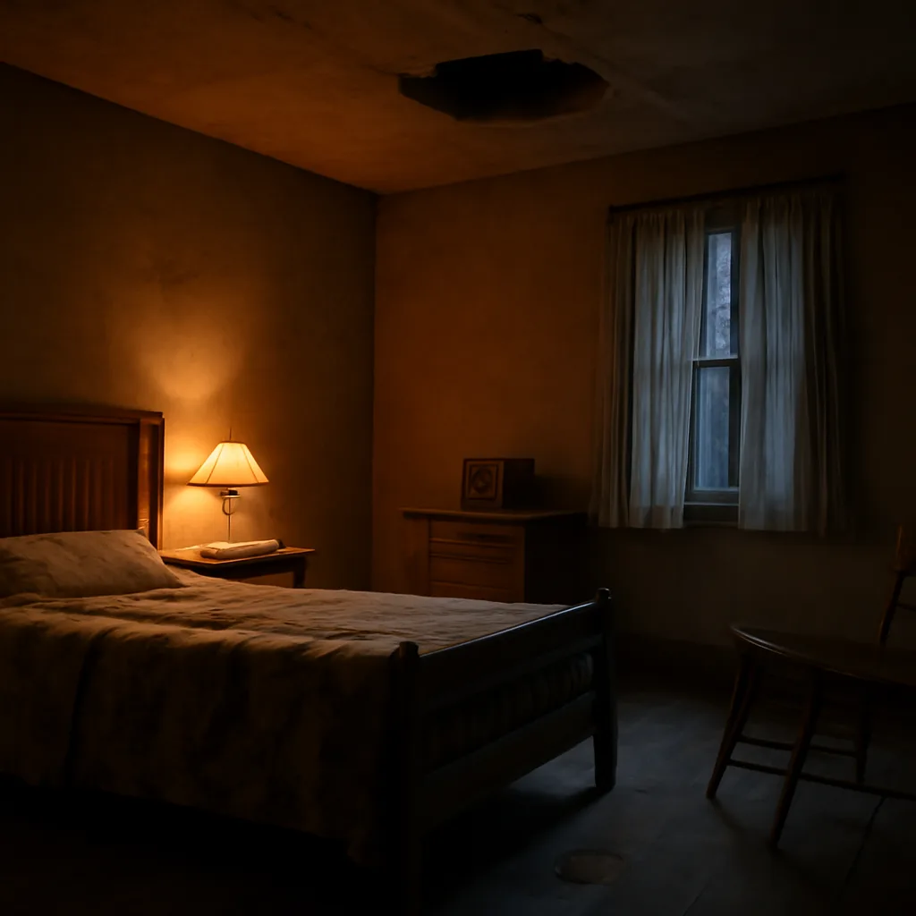 Mid-20th-century modest Alabama farmhouse interior at night showing a small hole in the ceiling and scattered household items; low light, no identifiable faces.