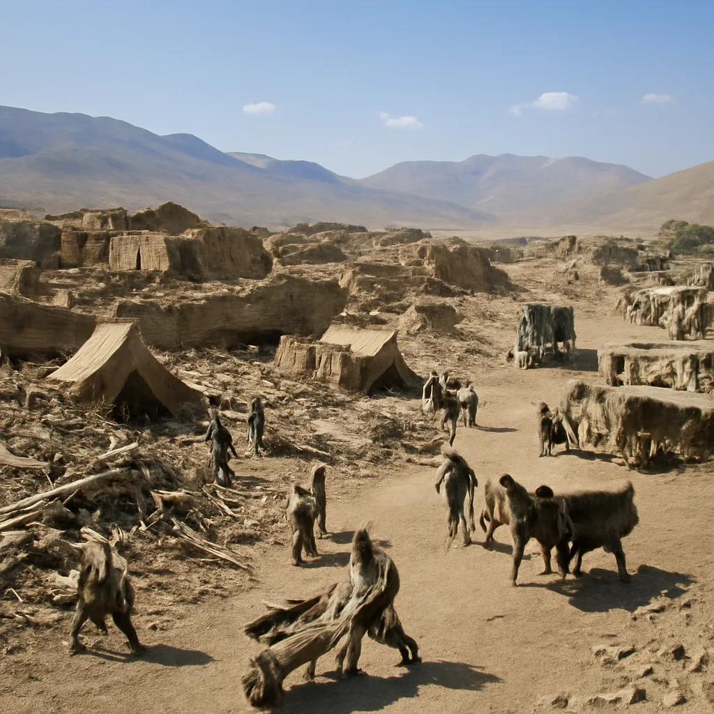 Ruined mudbrick and stone village buildings collapsed amid rubble on a dusty plain near foothills, with villagers and relief workers clearing debris and temporary tents in the background.