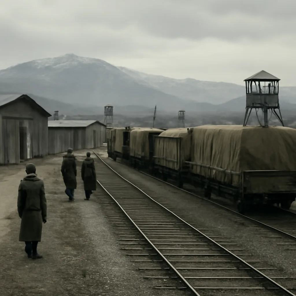 Soviet-era military rail sidings and munitions storage sheds near a Caucasus foothills town in winter, circa 1960s, showing guarded perimeter fencing and railway flatcars.