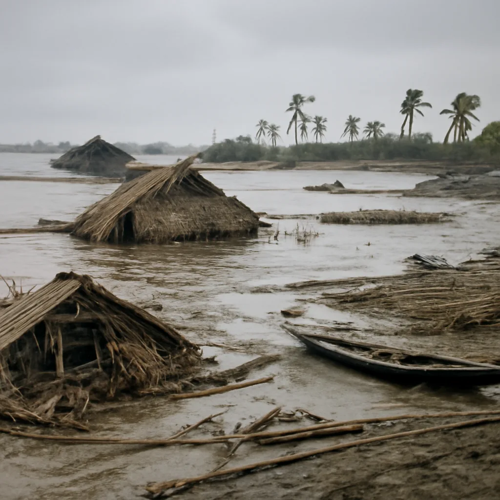 Coastal villages in the Ganges Delta inundated by storm surge waters after the 1970 Bhola cyclone, showing flooded low-lying land, damaged huts and debris along muddy shoreline.