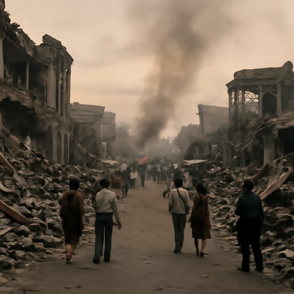 Ruined streets of 1970s Managua with collapsed buildings, rubble-filled roads and displaced residents sifting through debris under a smoky sky.