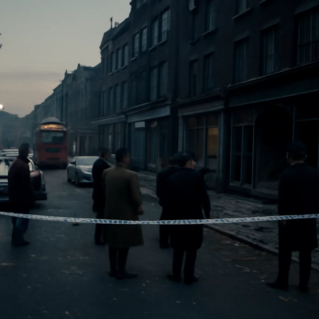 Early 1970s London street scene with police cordon, plainclothes officers and uniformed personnel near damaged storefronts and smashed windows; 1970s vehicles and signage visible, no identifiable faces.