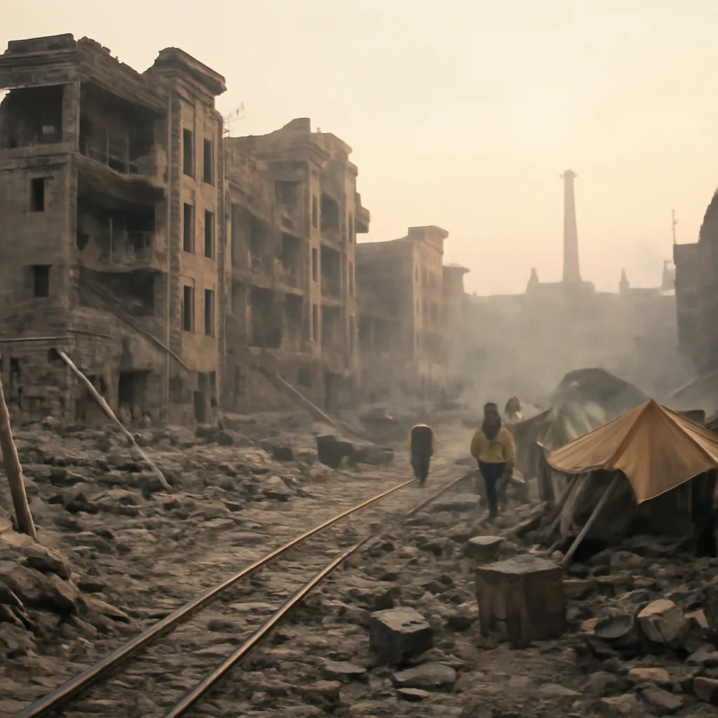 Ruined multi-story brick and concrete buildings collapsed into rubble in an industrial city street with dust and debris scattered, early-morning light.