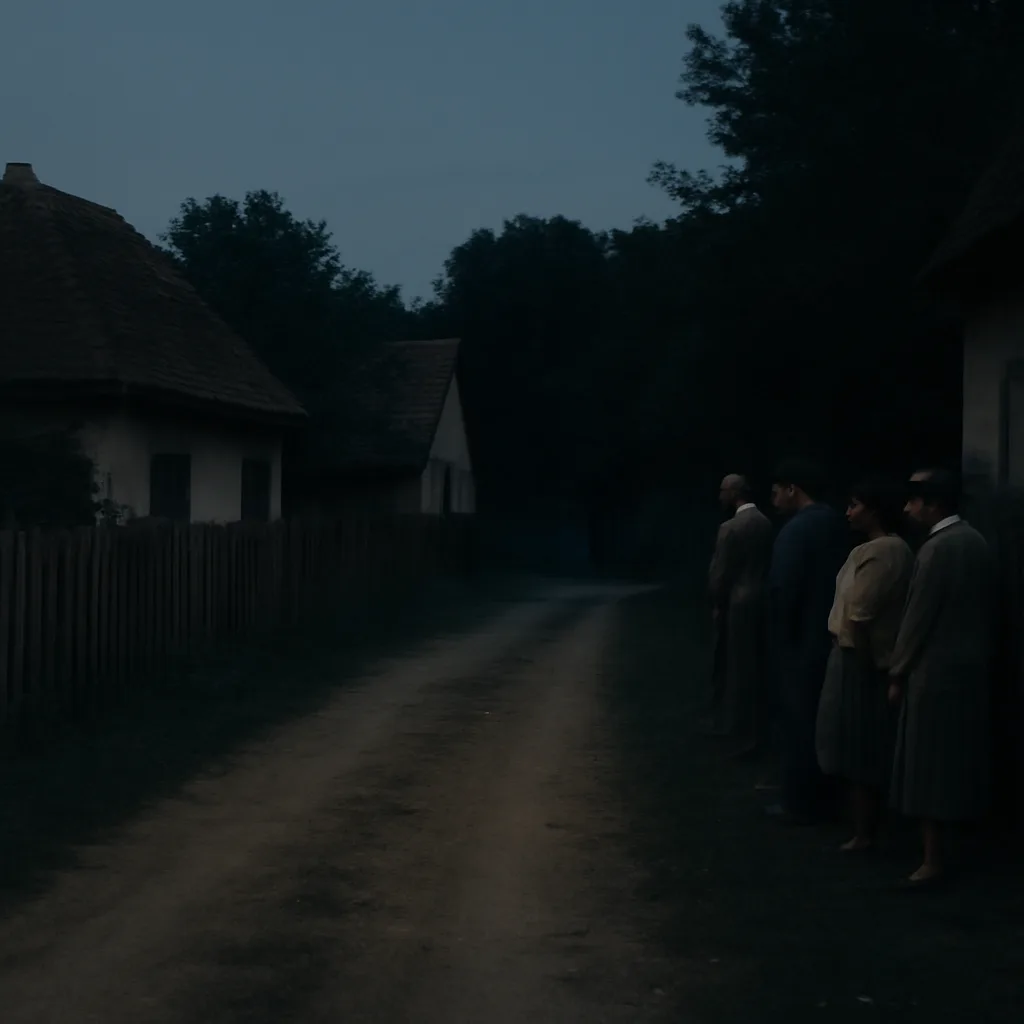 Rural village lane at dusk in 1970s-era countryside, with a distant figure near the treeline and a few onlookers at the roadside; grainy, low-light scene.