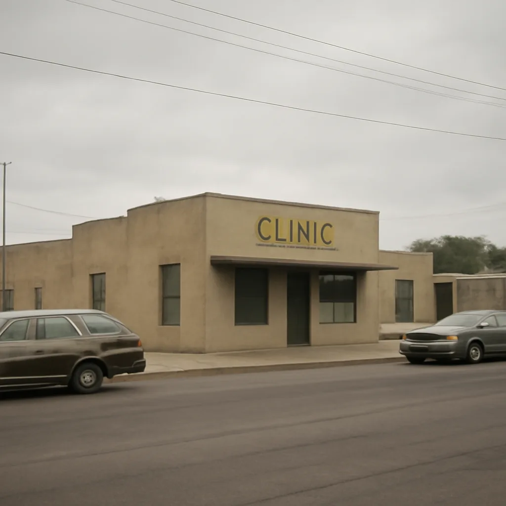 Exterior view of a small 1970s-era medical clinic building on a quiet Texas street, with a modest sign and parked cars from the period; overcast sky, empty sidewalk.