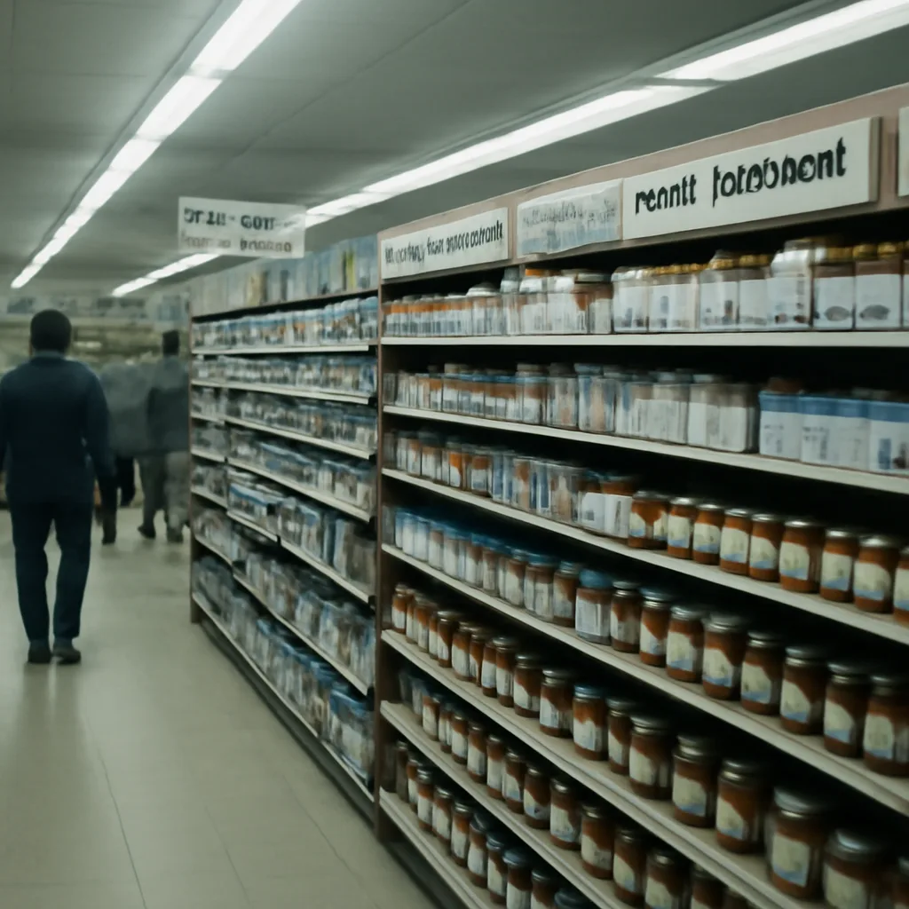 Store shelf of over-the-counter medicine bottles and blister packs from the early 1980s, with focus on pill bottles and tamper-evident seals.