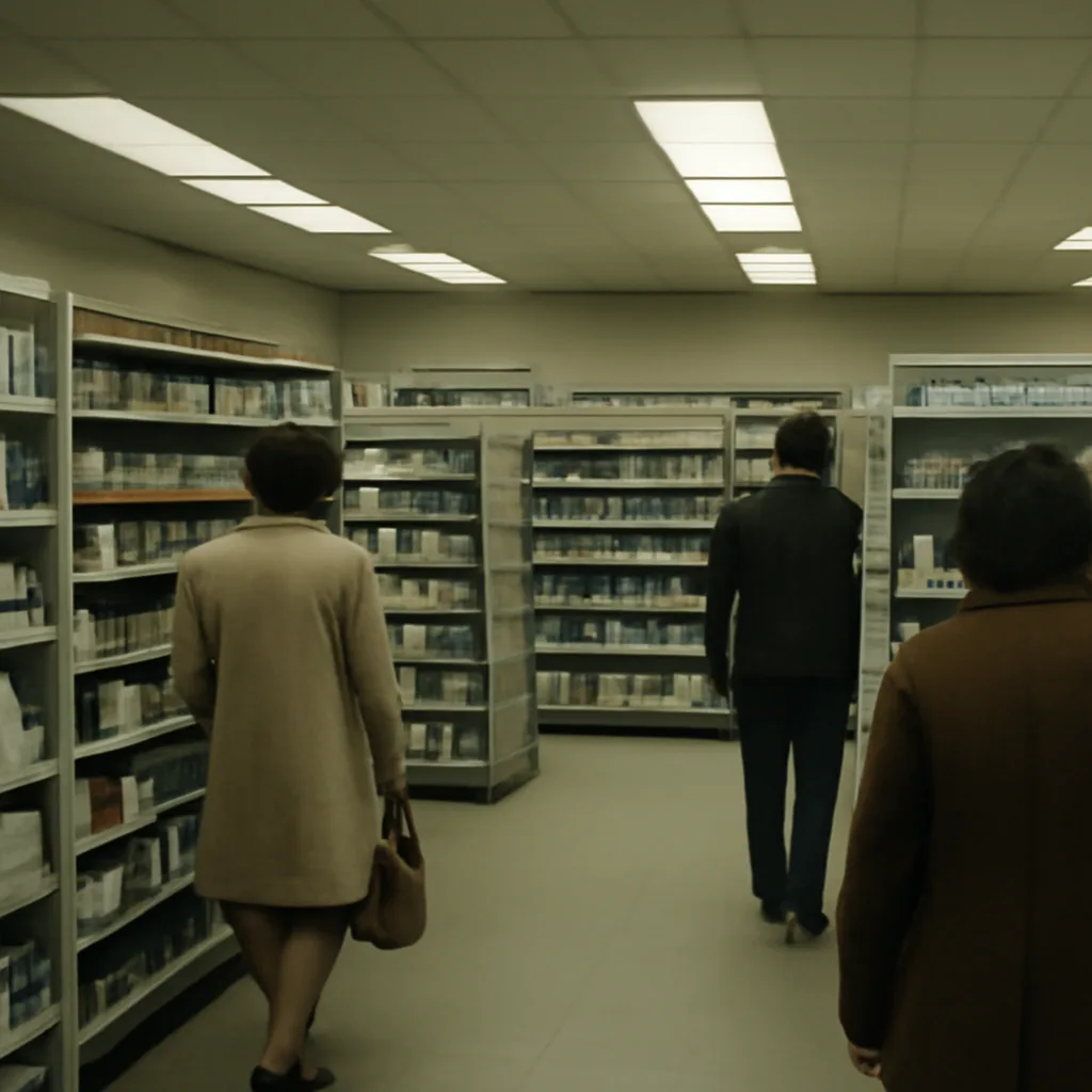 A pharmacy aisle in the early 1980s with over-the-counter medicine shelves and boxed and bottled containers; empty space where Tylenol was removed from shelves during a recall.