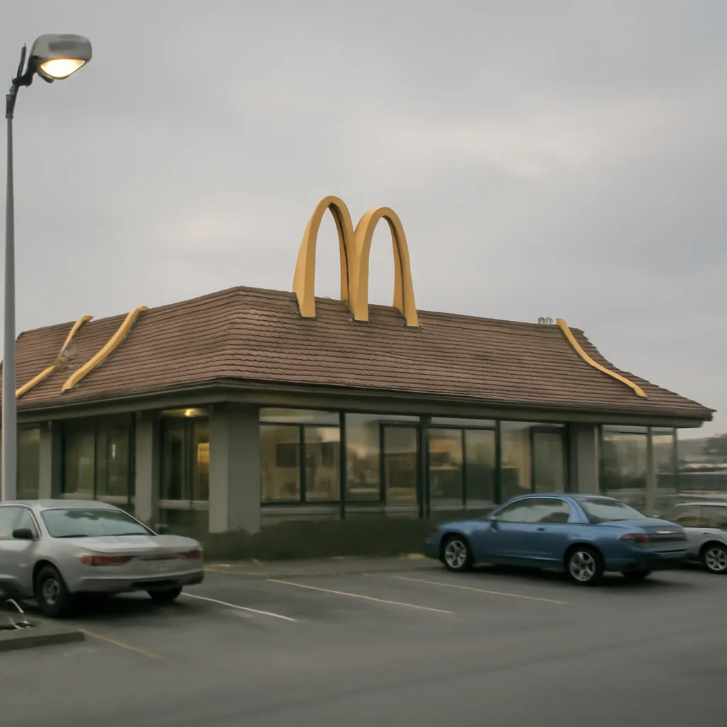 Exterior of a McDonald’s restaurant from the 1980s, showing the building, parking lot, and period cars; overcast late-afternoon light, no identifiable people in close-up.