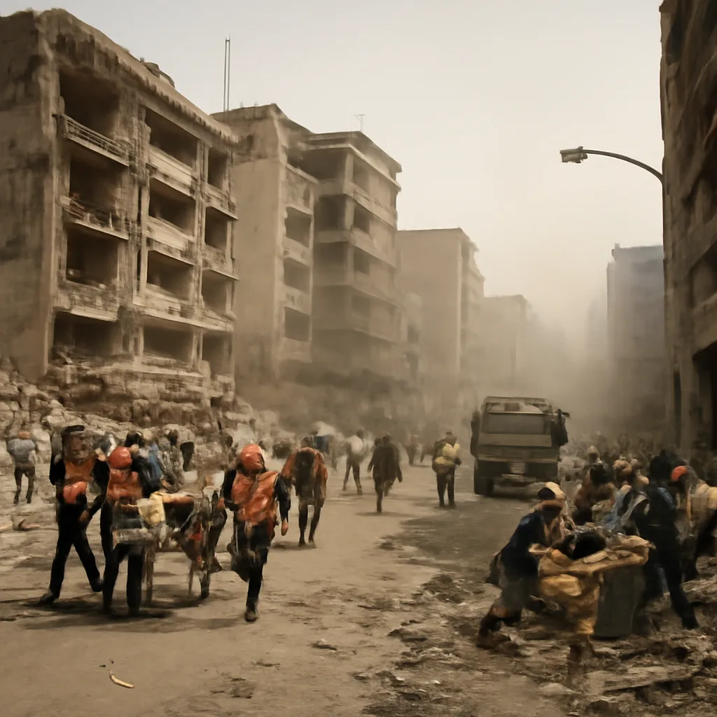 Collapsed apartment buildings and debris-strewn street in Mexico City after the September 19, 1985 earthquake, with rescue workers and volunteers searching among rubble; dust and damaged utility lines visible.