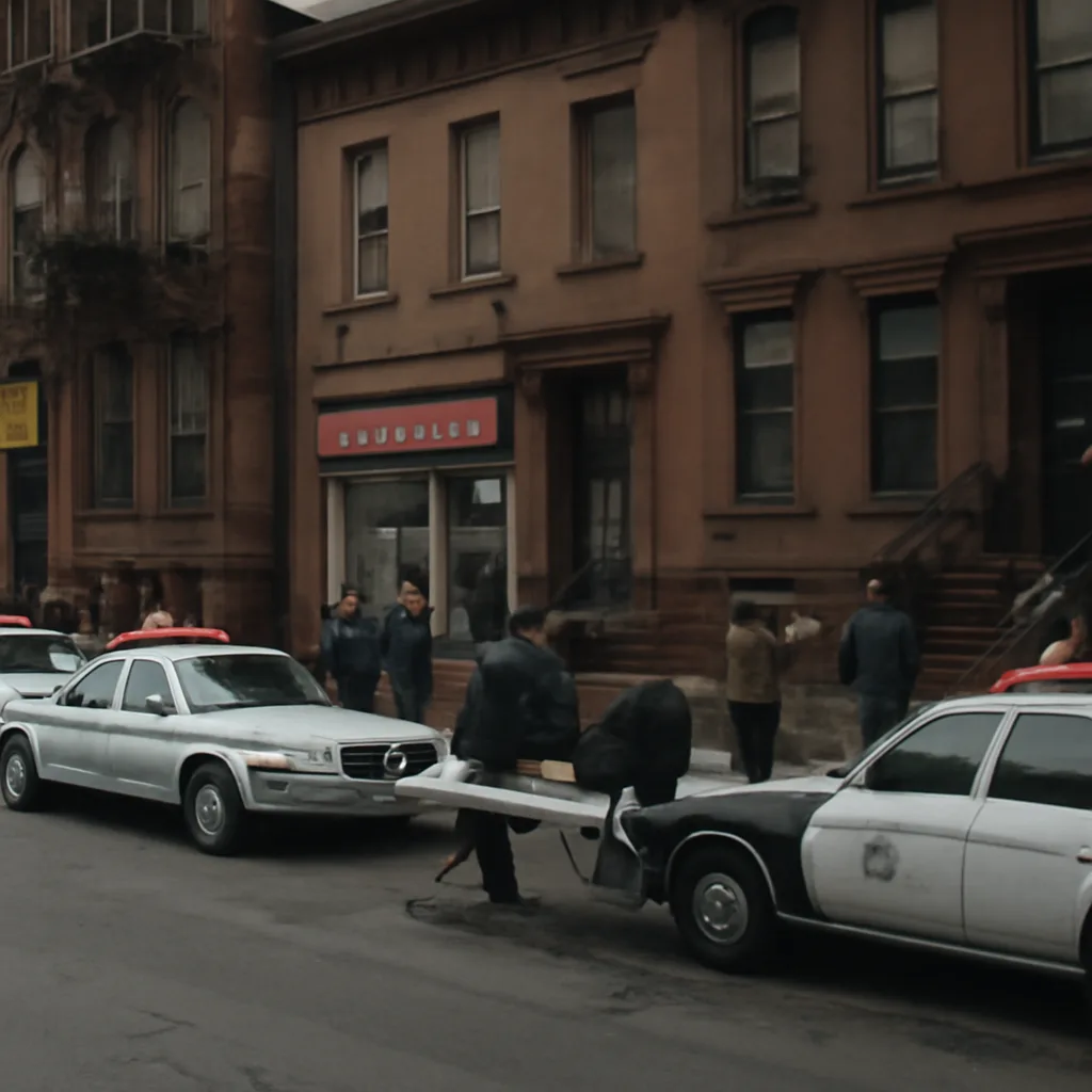 Police vehicles and uniformed officers outside a 1980s New York City brownstone and storefronts during a coordinated midday law-enforcement raid; officers carry evidence bags and document the scene.