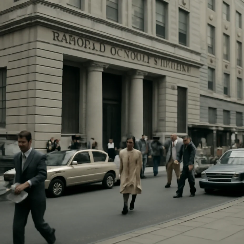 Exterior of the London Stock Exchange building in the 1980s, with pedestrians and street signs from the era; no identifiable faces.