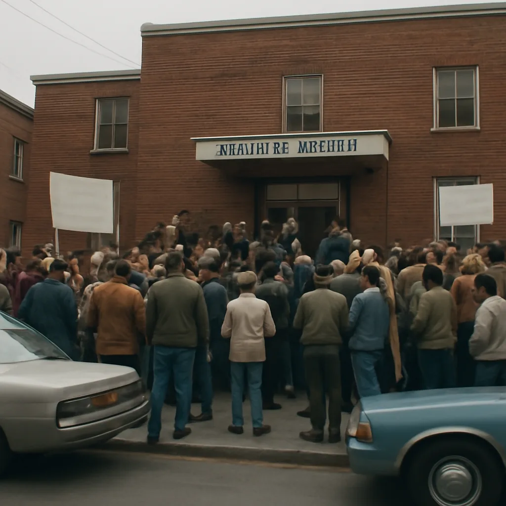 Crowd gathered outside a small municipal police station in the 1980s, people holding makeshift signs and tools, officers at the station entrance; daytime street scene with older vehicles parked nearby.