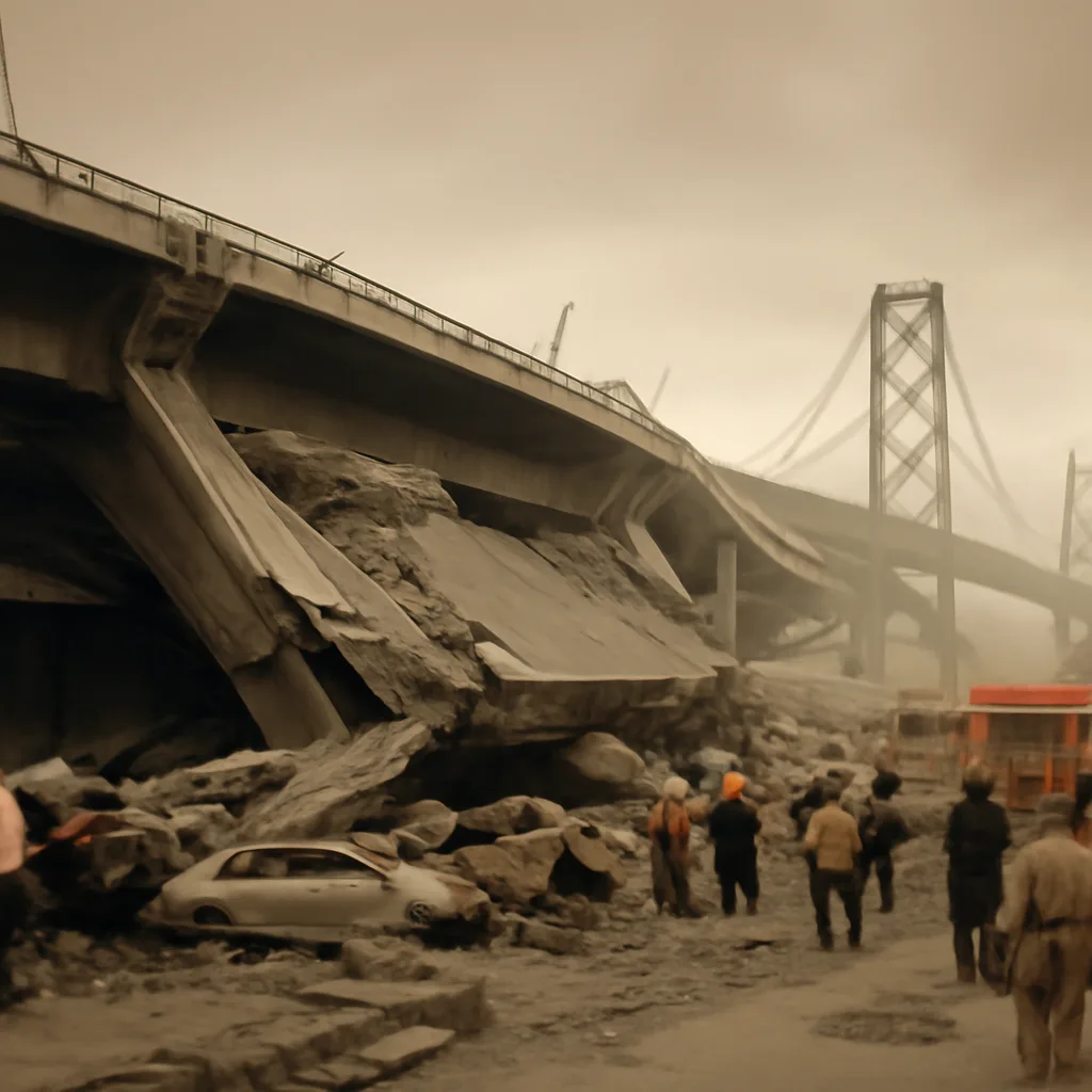 Collapsed elevated section of Interstate 880 (Cypress Viaduct) with rescue workers and damaged vehicles beneath, damaged Bay Bridge spans, and debris-strewn streets in the aftermath of the 1989 Loma Prieta earthquake.