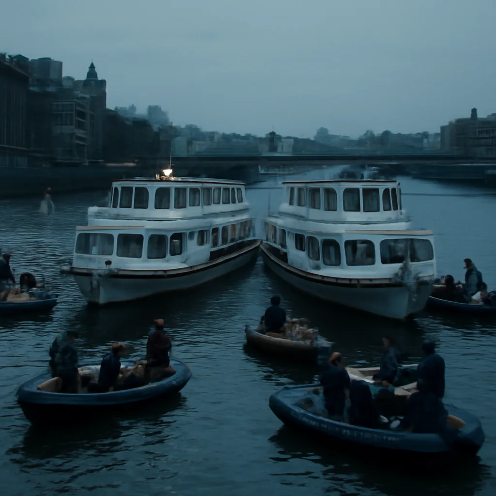 Two passenger riverboats on the River Thames at twilight near a busy embanked stretch, with emergency craft and police launches clustered nearby; scene conveys a 1980s riverside emergency response.