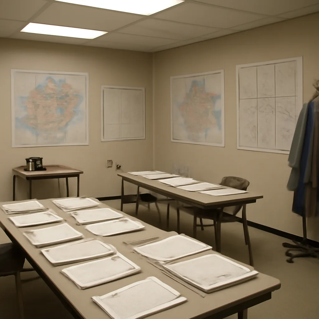Census workers consulting maps and forms in an urban neighborhood office, early 1990s setting, showing stacks of paperwork and wall maps; no identifiable faces.