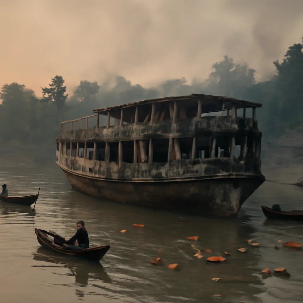 Burned and capsized passenger ferry hull among mangrove channels at dusk, with rescue boats and scattered debris in the water; distant shoreline with simple riverine dwellings.