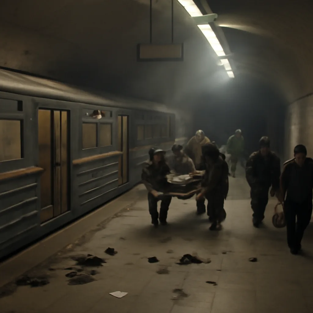 Interior view of a mid-1990s underground metro station platform with emergency responders and cordoned areas; smoke-stained walls and scattered debris indicating a recent fire.